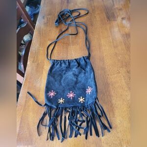 Embroidered Black Suede Fringe Crossbody Bag